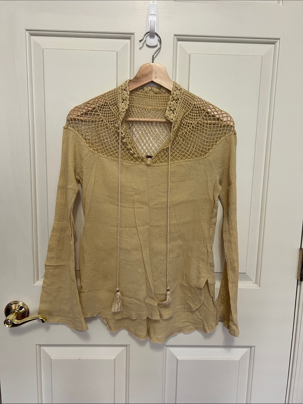 Free People Crochet Yoke Hooded Long-Sleeve Top in Beige